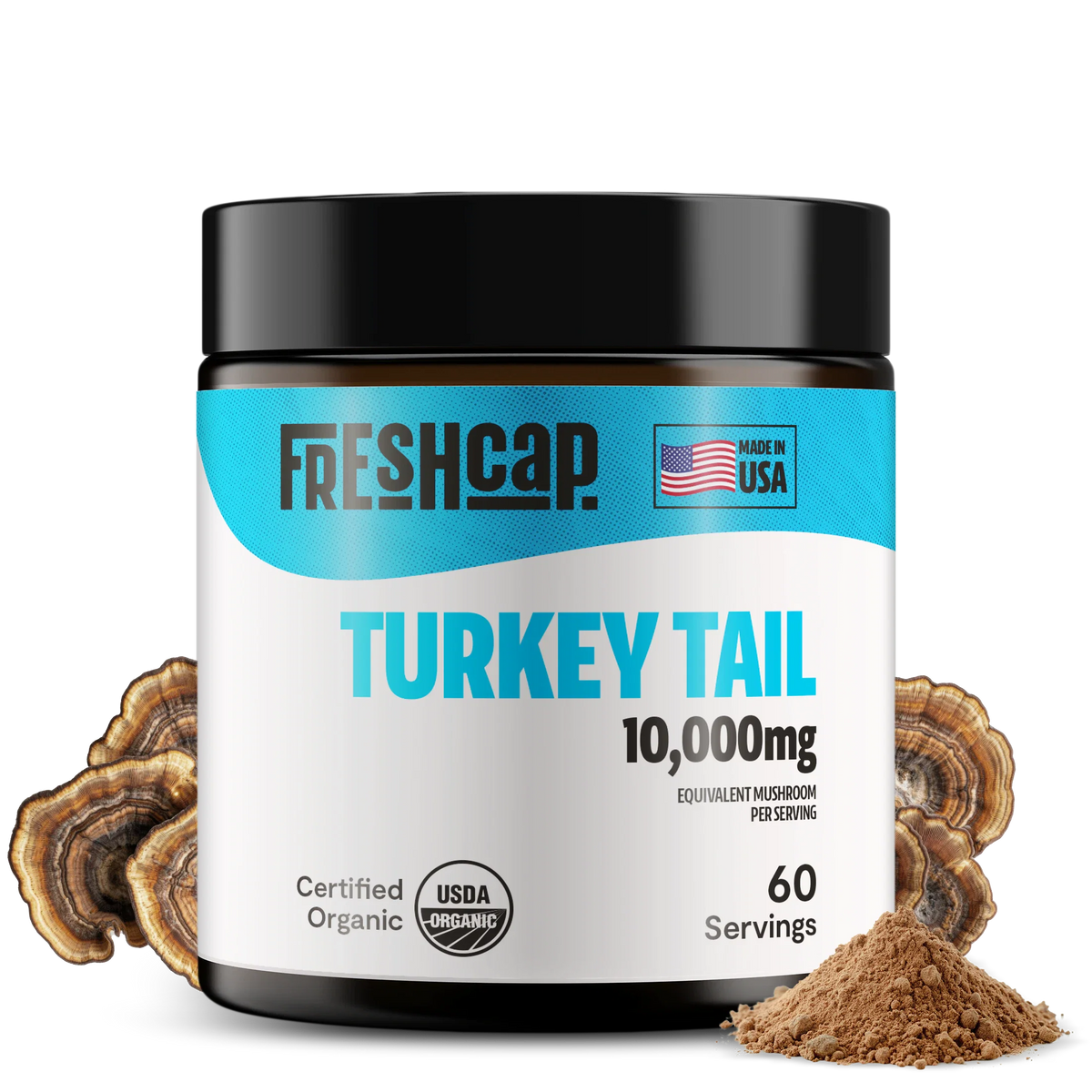 Freshcap Turkey Tail supplement jar with mushrooms and powder on a white background