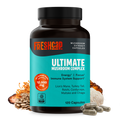Bottle of Freshcap Ultimate Mushroom Complex supplement with ingredients displayed on a white background