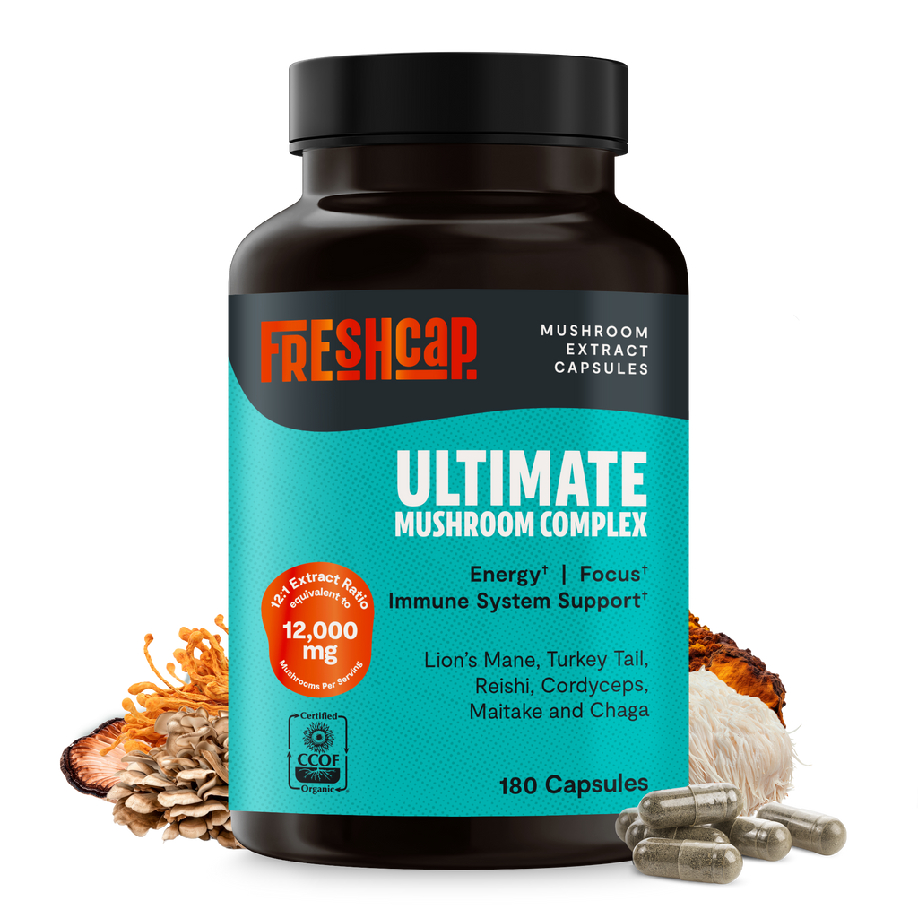 Bottle of Freshcap Ultimate Mushroom Complex supplement with ingredients displayed on a white background