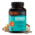 Bottle of Freshcap Ultimate Mushroom Complex supplement with ingredients displayed on a white background