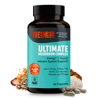 Supplement bottle labeled 'Ultimate Mushroom Complex' by FreshCap on a white background