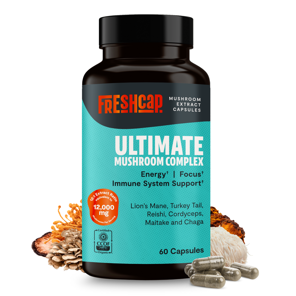 Supplement bottle labeled 'Ultimate Mushroom Complex' by FreshCap on a white background