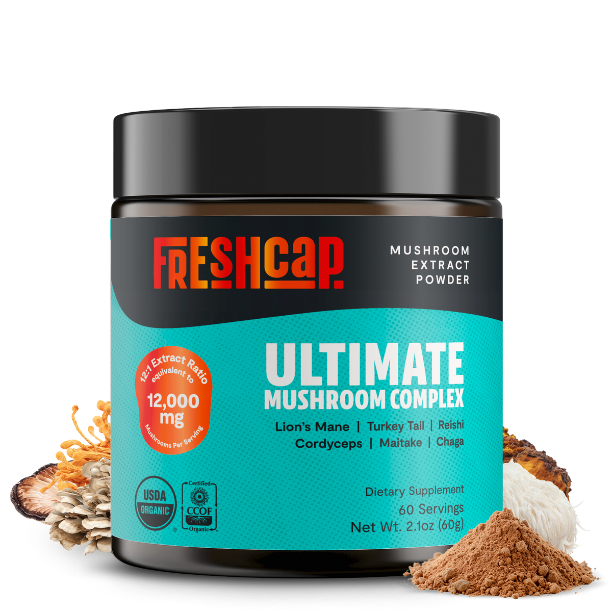 Supplement jar labeled 'Freshcap Ultimate Mushroom Complex' with mushroom powder and slices on a white background