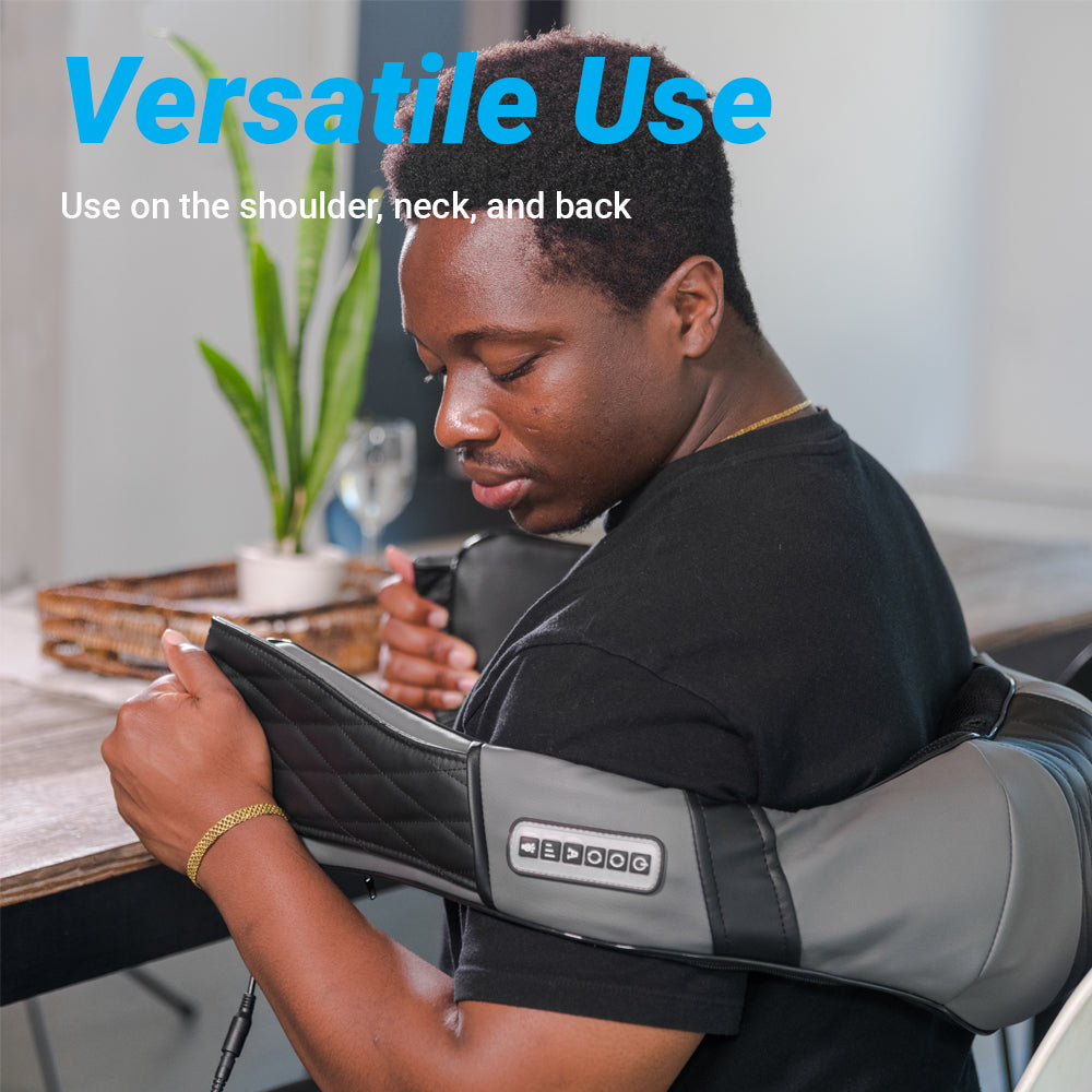 Person using a shoulder, neck, and back device with text 'Versatile Use' and 'Use on the shoulder, neck, and back'.